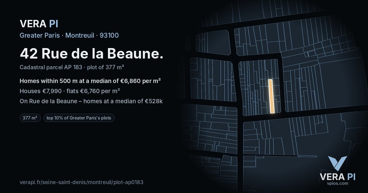 42 Rue de la Beaune, Montreuil at night – the plot lit, the parcels around coloured by the prices near them