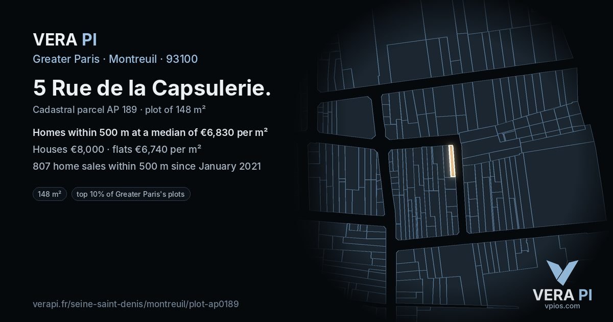 5 Rue de la Capsulerie, Montreuil at night – the plot lit, the parcels around coloured by the prices near them
