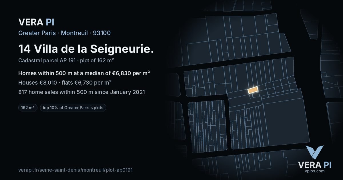 14 Villa de la Seigneurie, Montreuil at night – the plot lit, the parcels around coloured by the prices near them