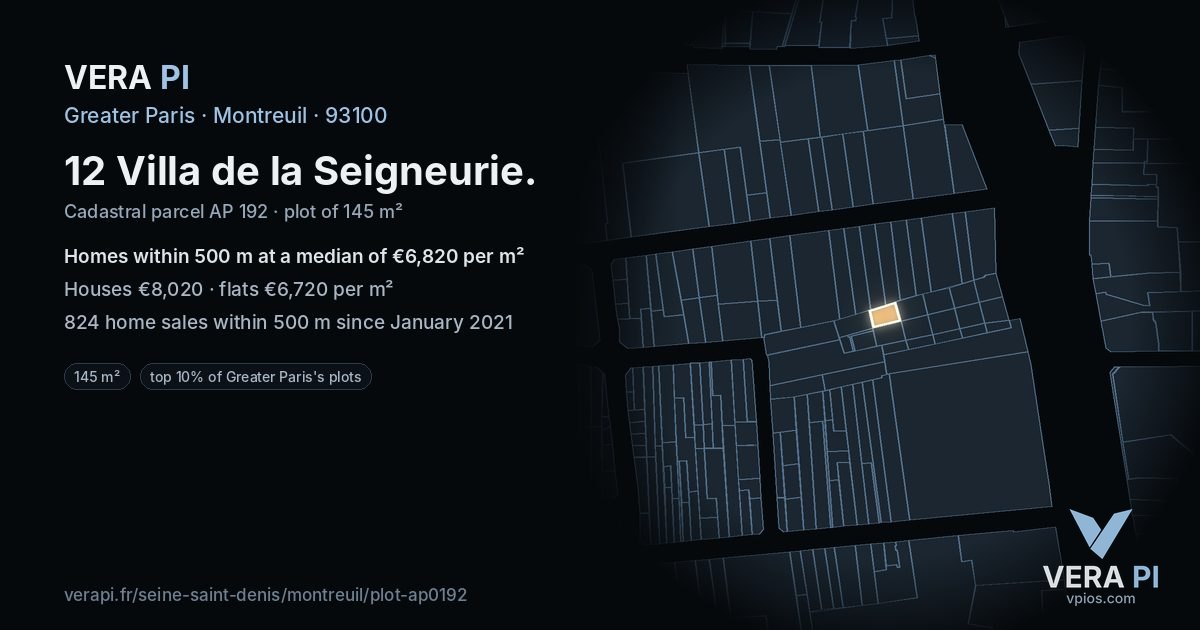 12 Villa de la Seigneurie, Montreuil at night – the plot lit, the parcels around coloured by the prices near them