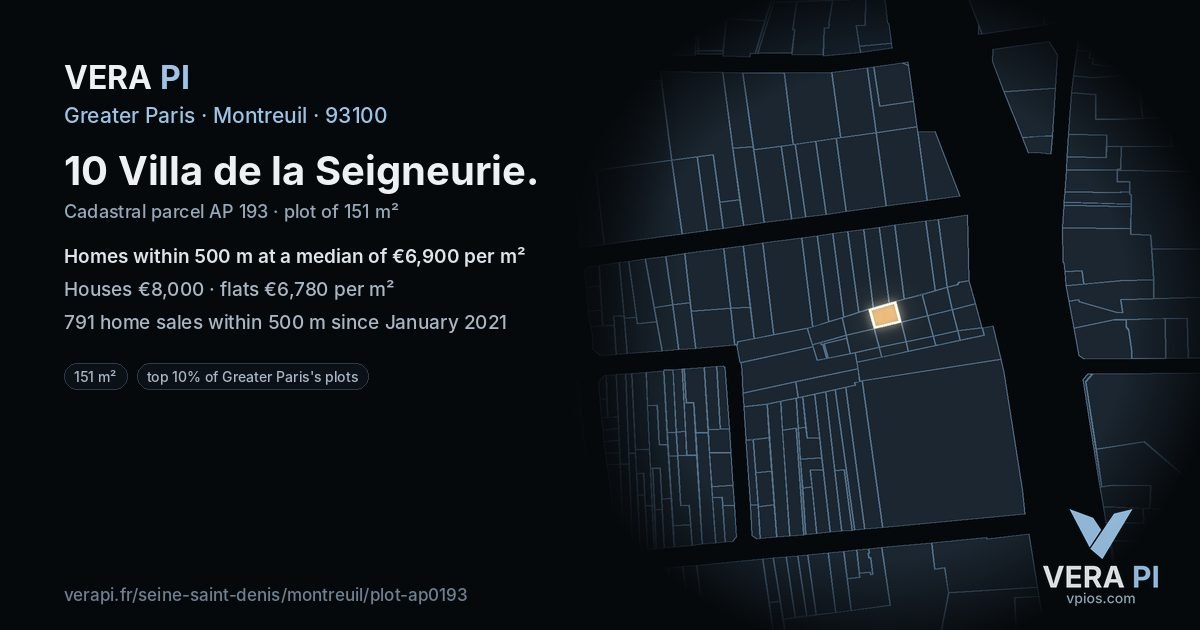 10 Villa de la Seigneurie, Montreuil at night – the plot lit, the parcels around coloured by the prices near them