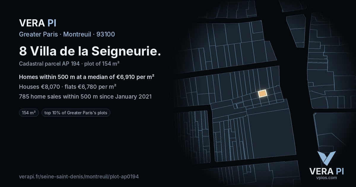 8 Villa de la Seigneurie, Montreuil at night – the plot lit, the parcels around coloured by the prices near them
