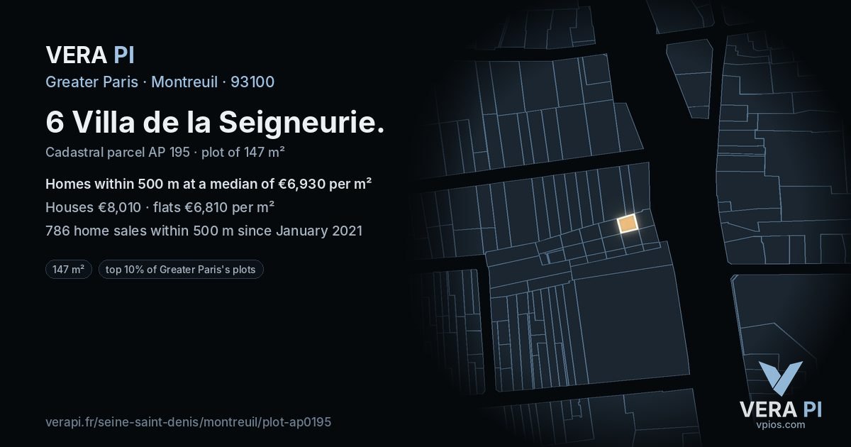 6 Villa de la Seigneurie, Montreuil at night – the plot lit, the parcels around coloured by the prices near them