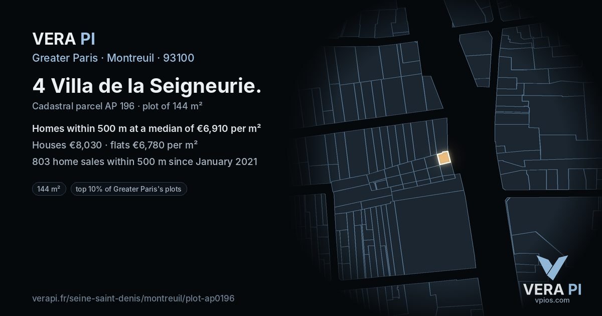 4 Villa de la Seigneurie, Montreuil at night – the plot lit, the parcels around coloured by the prices near them