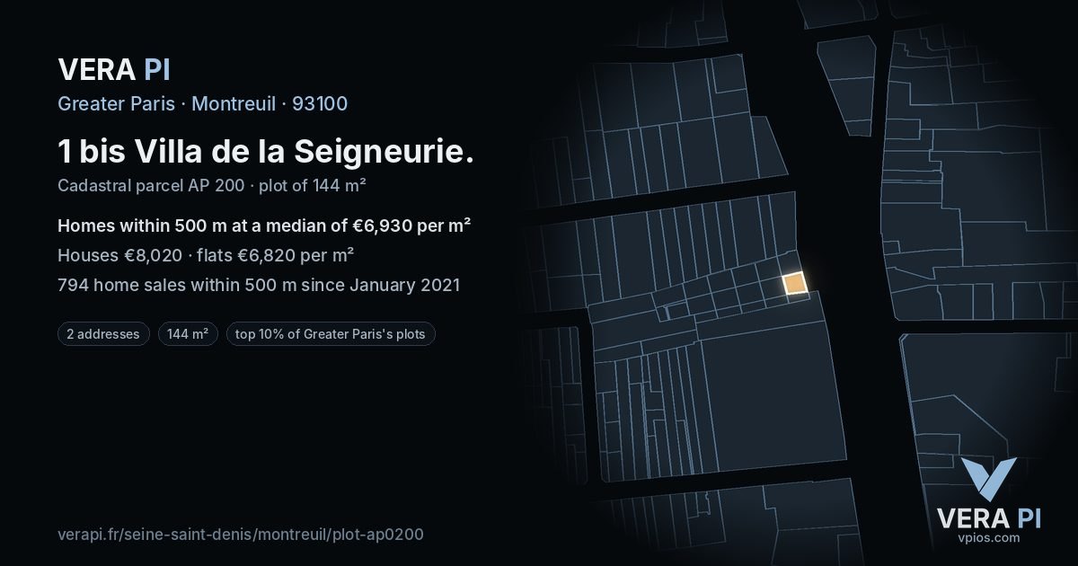 1 bis Villa de la Seigneurie, Montreuil at night – the plot lit, the parcels around coloured by the prices near them