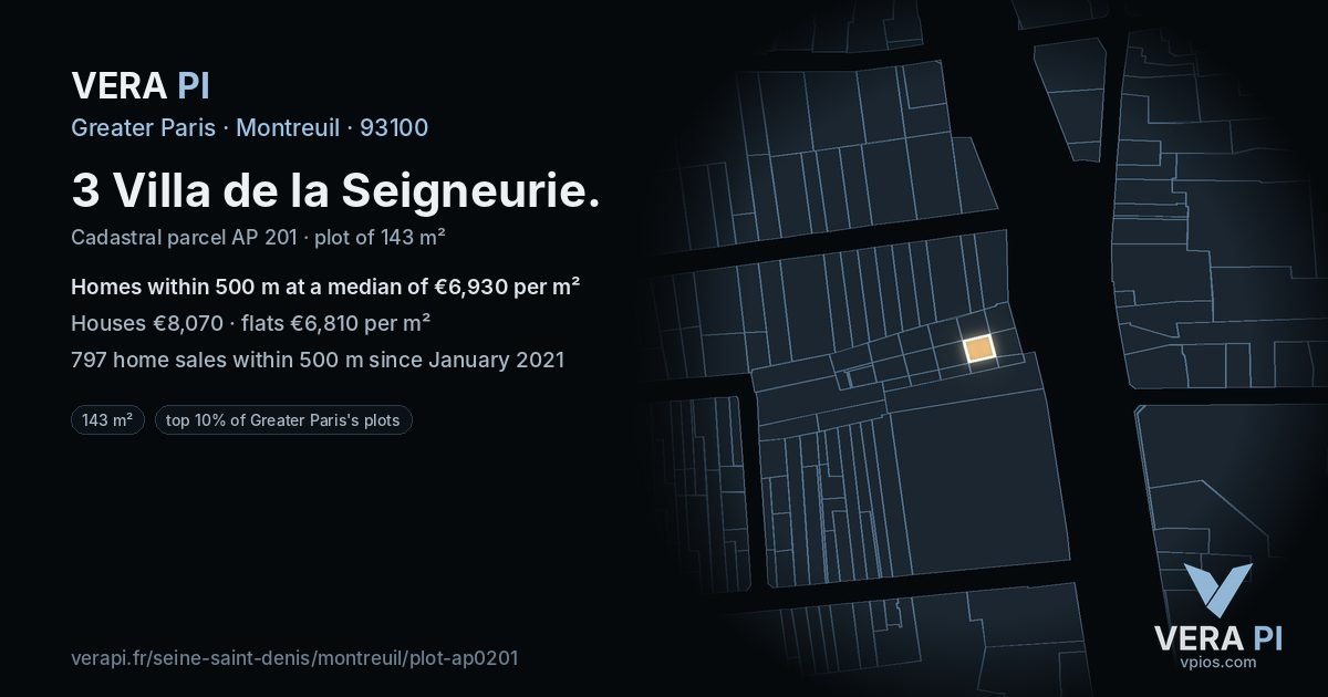 3 Villa de la Seigneurie, Montreuil at night – the plot lit, the parcels around coloured by the prices near them