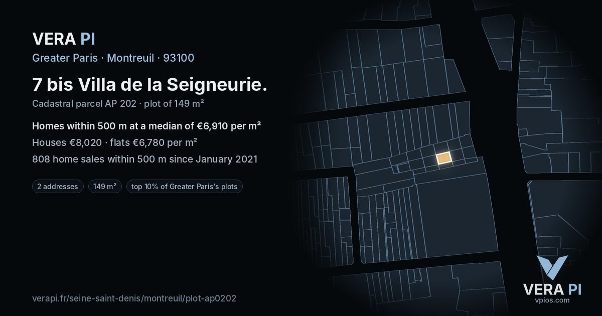 7 bis Villa de la Seigneurie, Montreuil at night – the plot lit, the parcels around coloured by the prices near them
