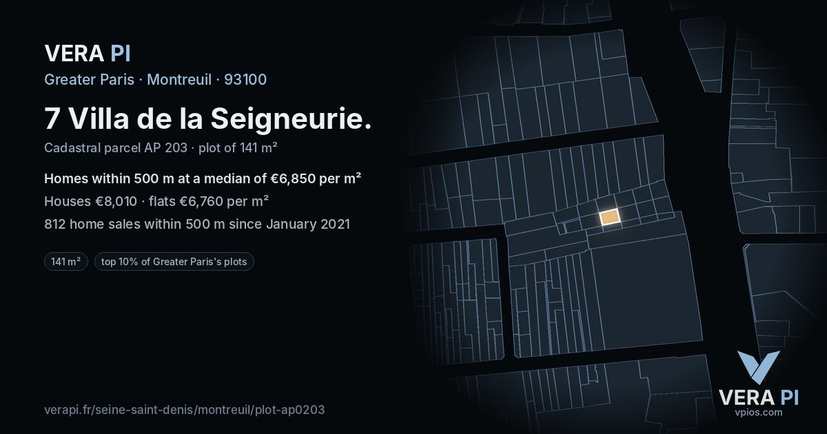 7 Villa de la Seigneurie, Montreuil at night – the plot lit, the parcels around coloured by the prices near them