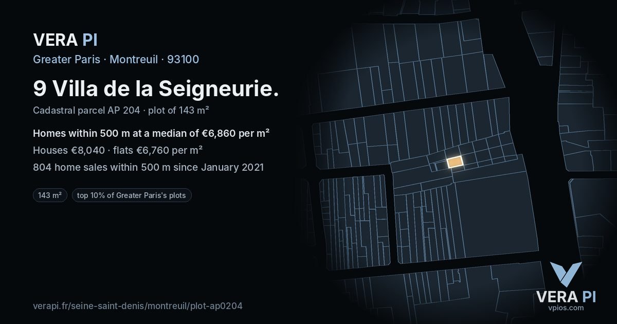 9 Villa de la Seigneurie, Montreuil at night – the plot lit, the parcels around coloured by the prices near them