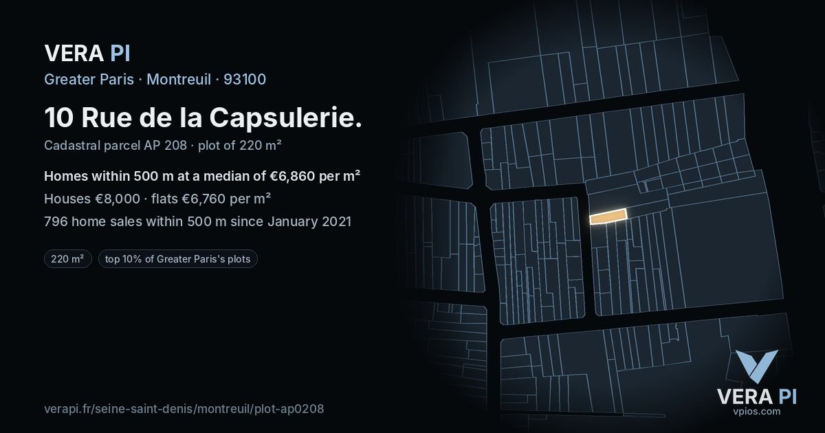 10 Rue de la Capsulerie, Montreuil at night – the plot lit, the parcels around coloured by the prices near them