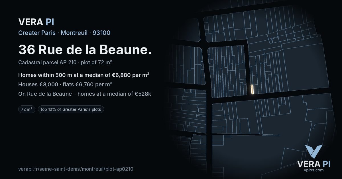 36 Rue de la Beaune, Montreuil at night – the plot lit, the parcels around coloured by the prices near them