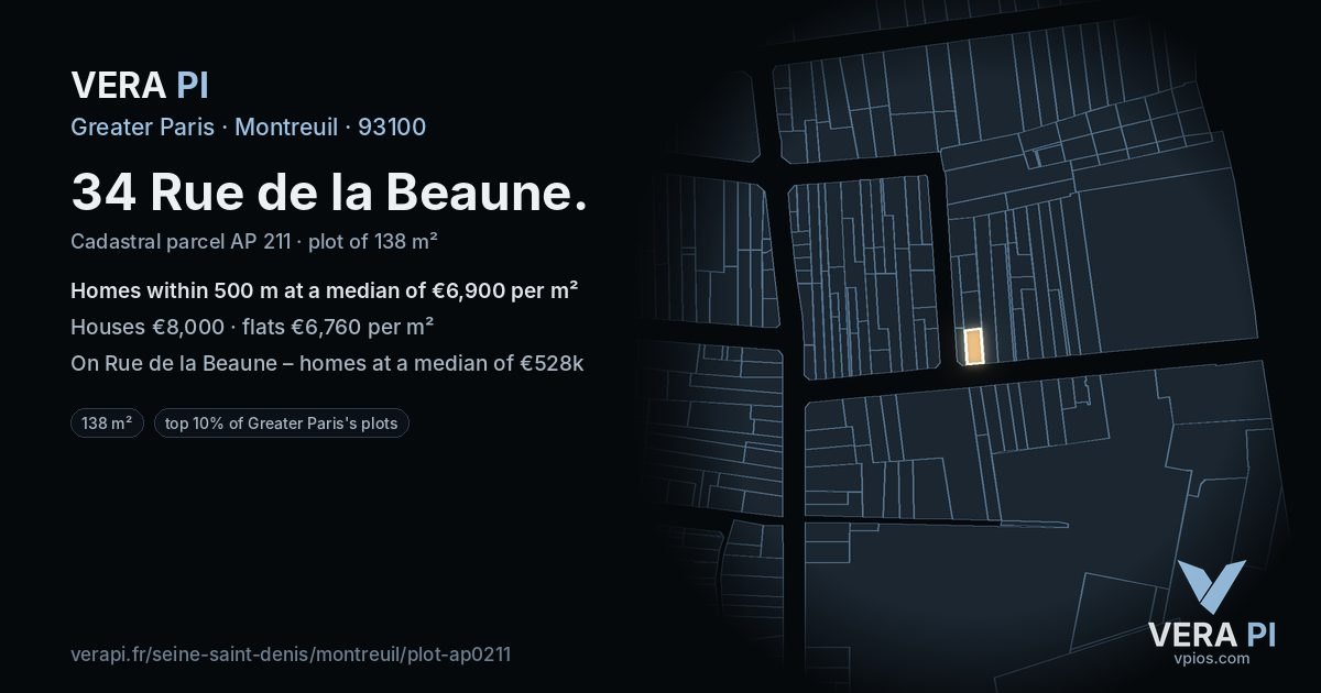 34 Rue de la Beaune, Montreuil at night – the plot lit, the parcels around coloured by the prices near them