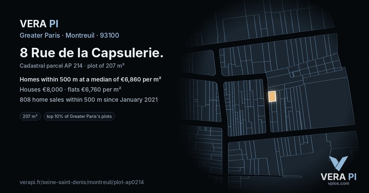 8 Rue de la Capsulerie, Montreuil at night – the plot lit, the parcels around coloured by the prices near them
