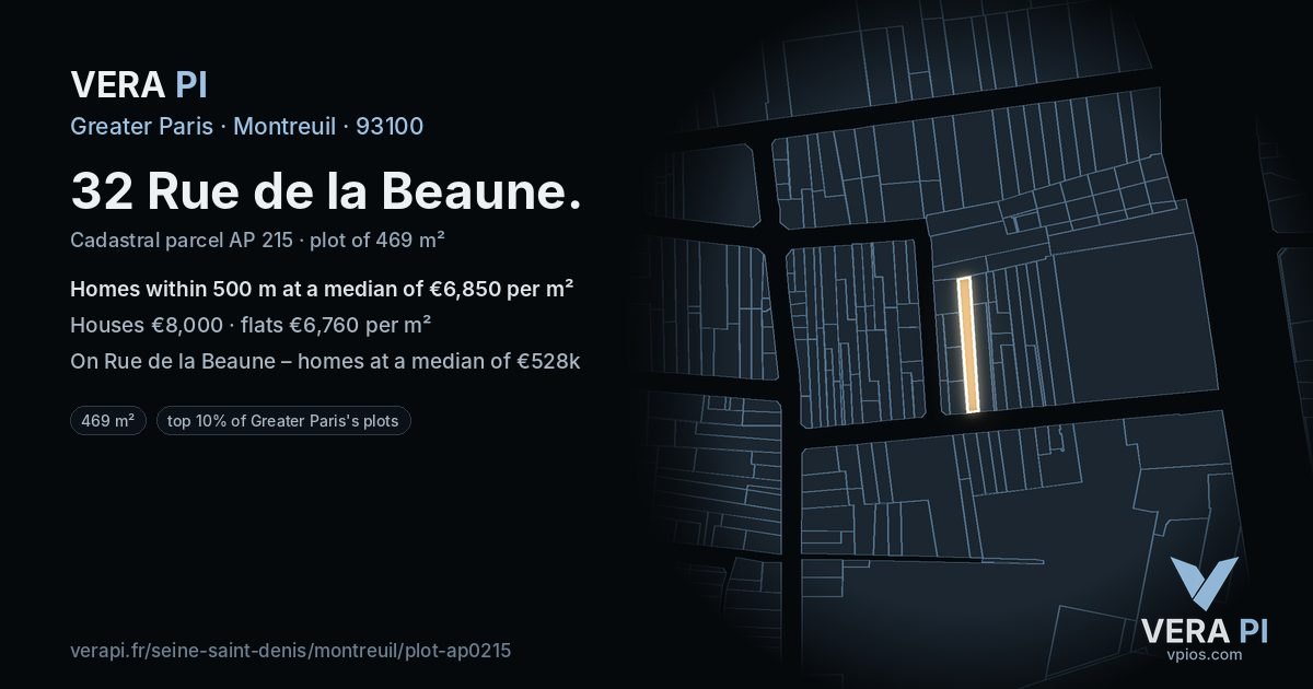 32 Rue de la Beaune, Montreuil at night – the plot lit, the parcels around coloured by the prices near them