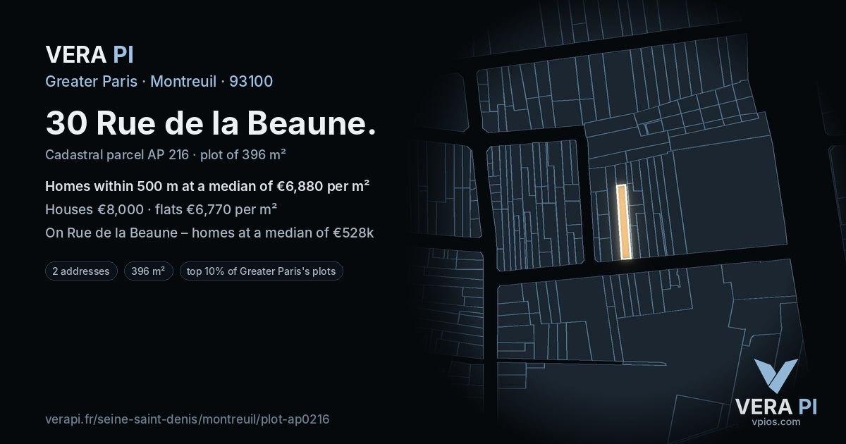 30 Rue de la Beaune, Montreuil at night – the plot lit, the parcels around coloured by the prices near them