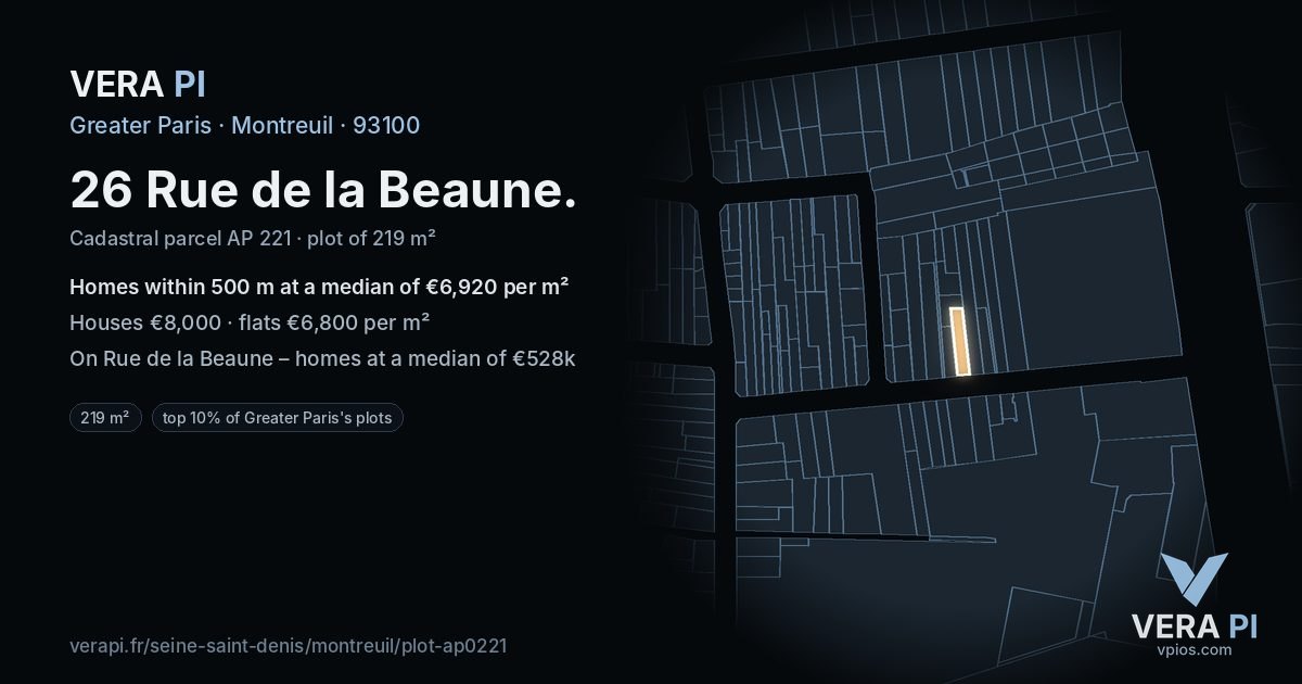 26 Rue de la Beaune, Montreuil at night – the plot lit, the parcels around coloured by the prices near them