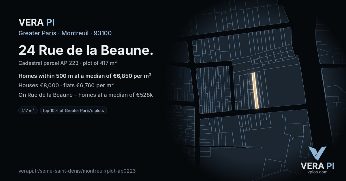 24 Rue de la Beaune, Montreuil at night – the plot lit, the parcels around coloured by the prices near them