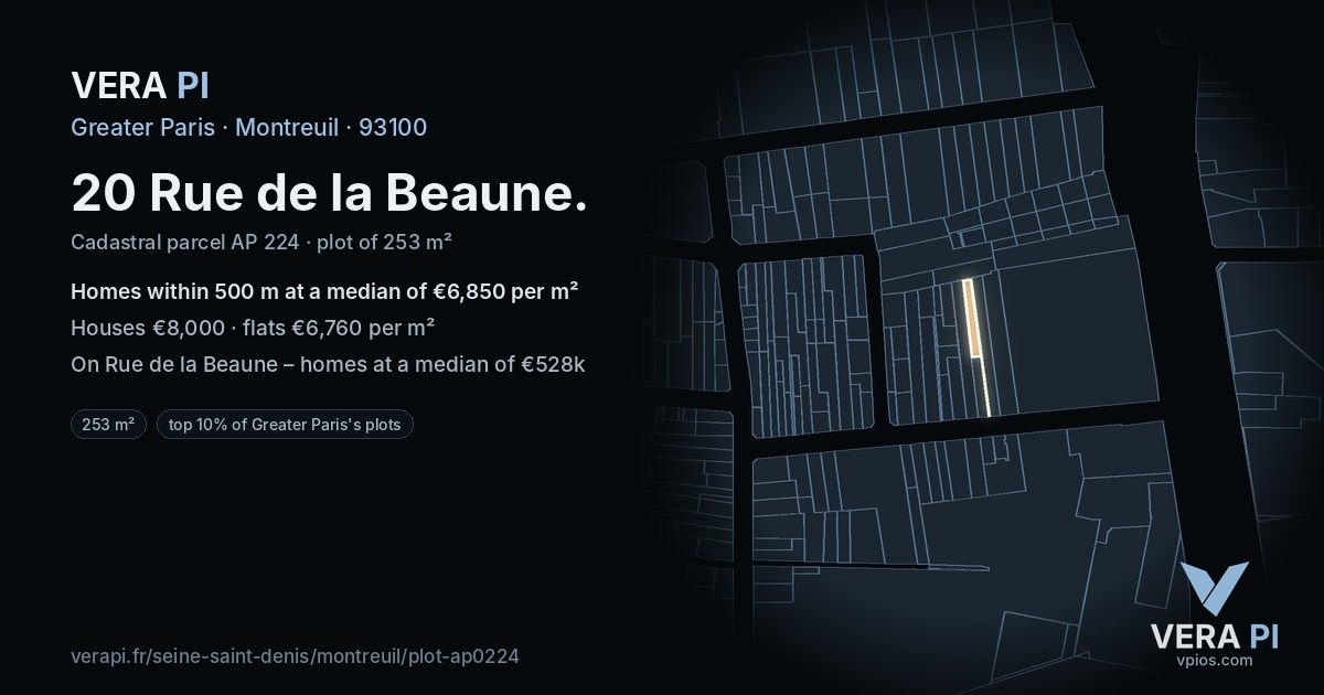 20 Rue de la Beaune, Montreuil at night – the plot lit, the parcels around coloured by the prices near them