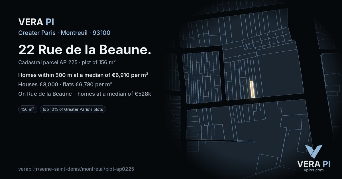 22 Rue de la Beaune, Montreuil at night – the plot lit, the parcels around coloured by the prices near them