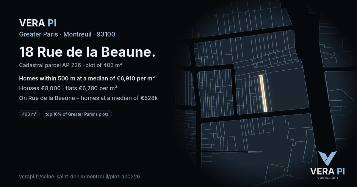 18 Rue de la Beaune, Montreuil at night – the plot lit, the parcels around coloured by the prices near them