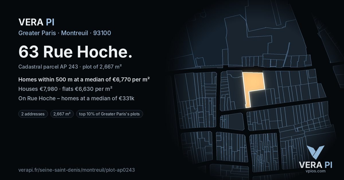 63 Rue Hoche, Montreuil at night – the plot lit, the parcels around coloured by the prices near them