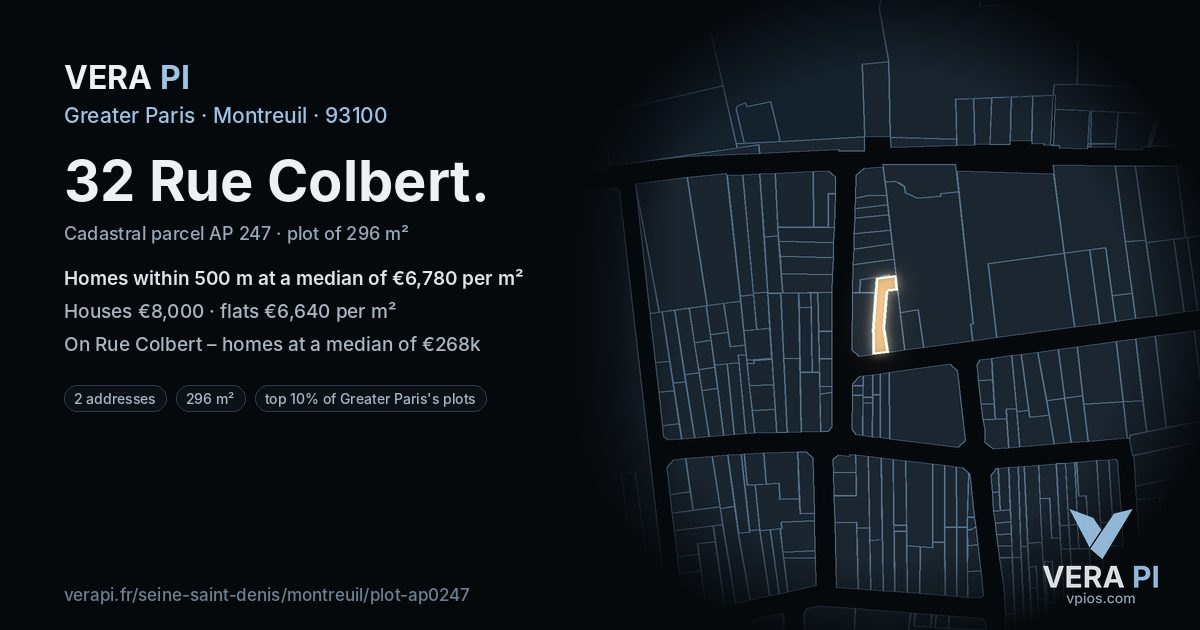 32 Rue Colbert, Montreuil at night – the plot lit, the parcels around coloured by the prices near them