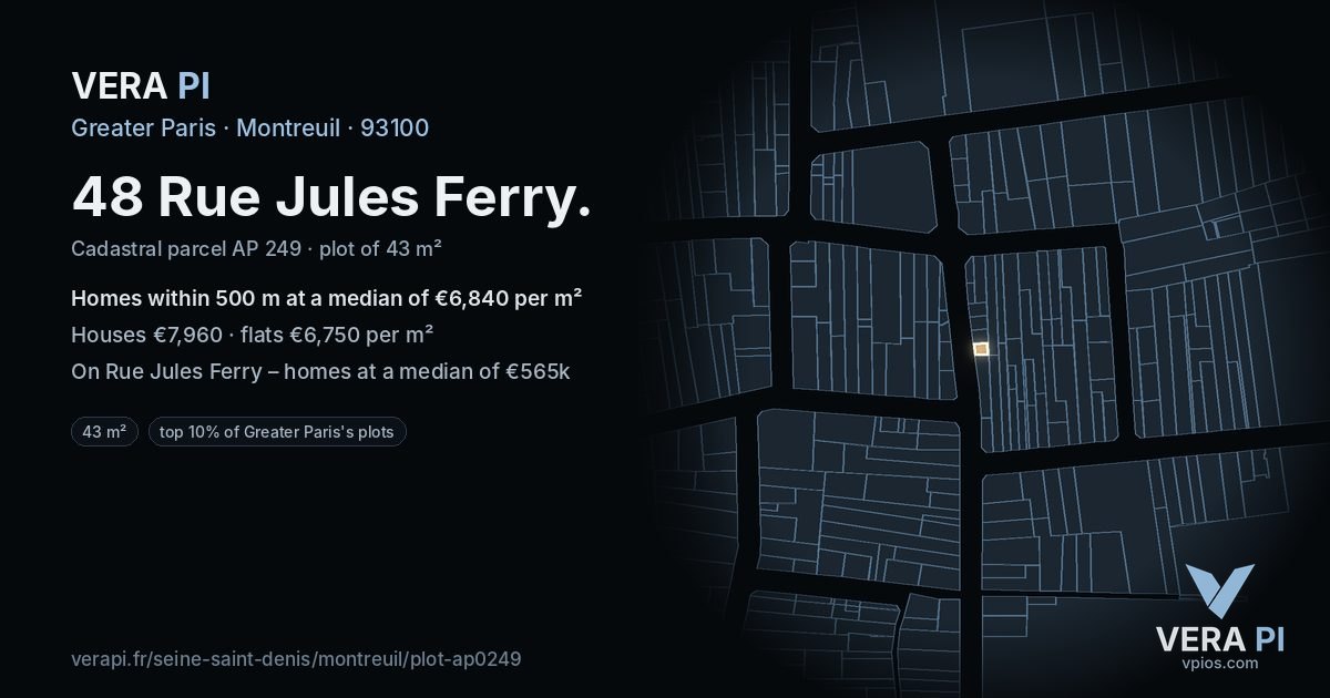 48 Rue Jules Ferry, Montreuil at night – the plot lit, the parcels around coloured by the prices near them