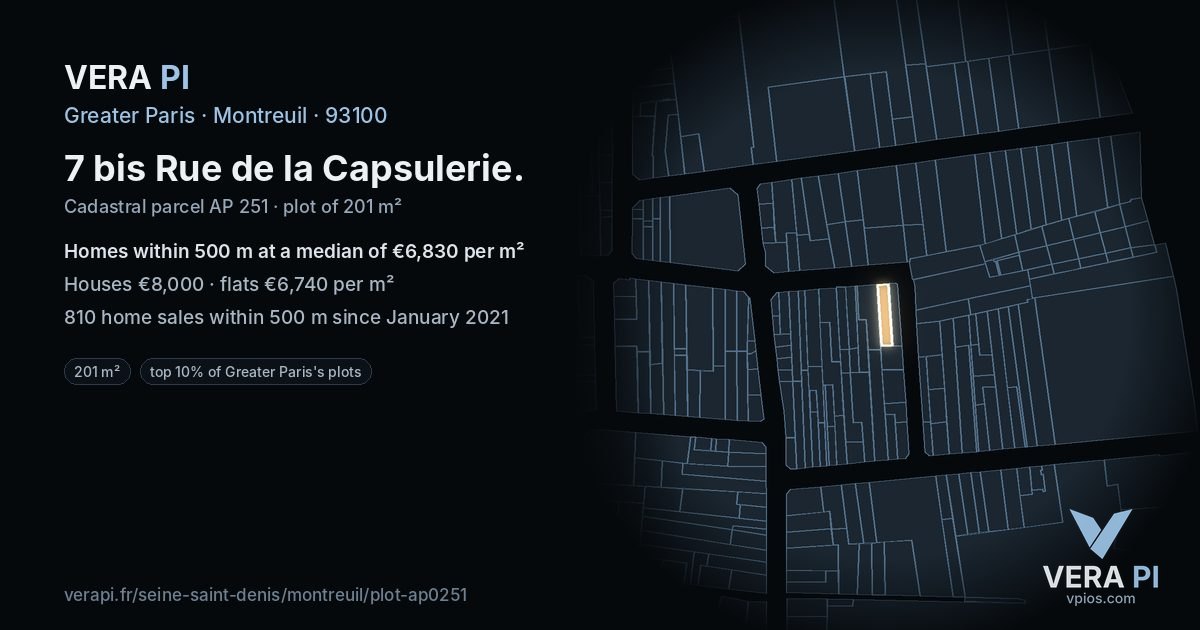 7 bis Rue de la Capsulerie, Montreuil at night – the plot lit, the parcels around coloured by the prices near them