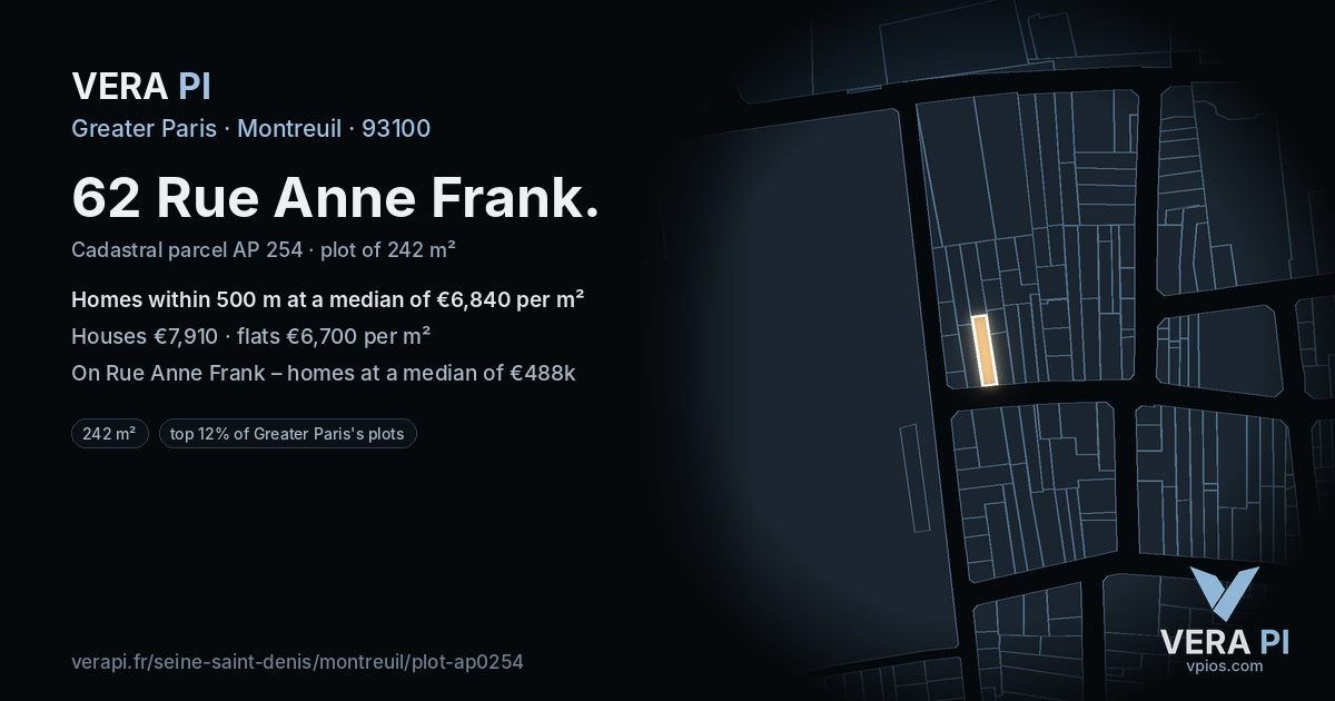 62 Rue Anne Frank, Montreuil at night – the plot lit, the parcels around coloured by the prices near them