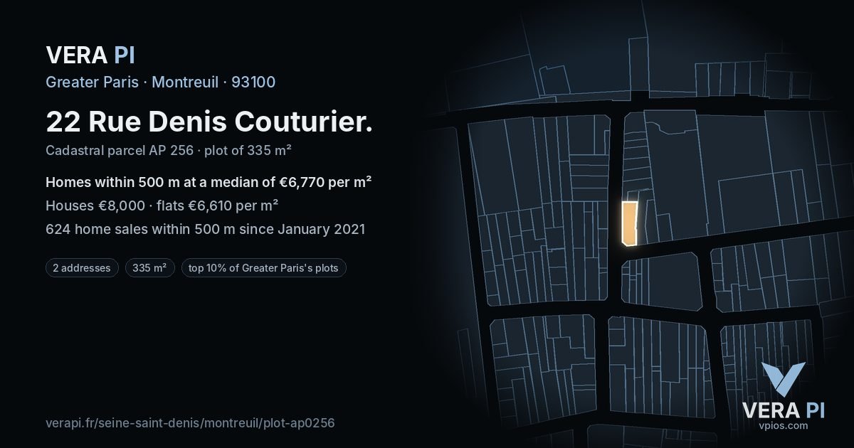 22 Rue Denis Couturier, Montreuil at night – the plot lit, the parcels around coloured by the prices near them