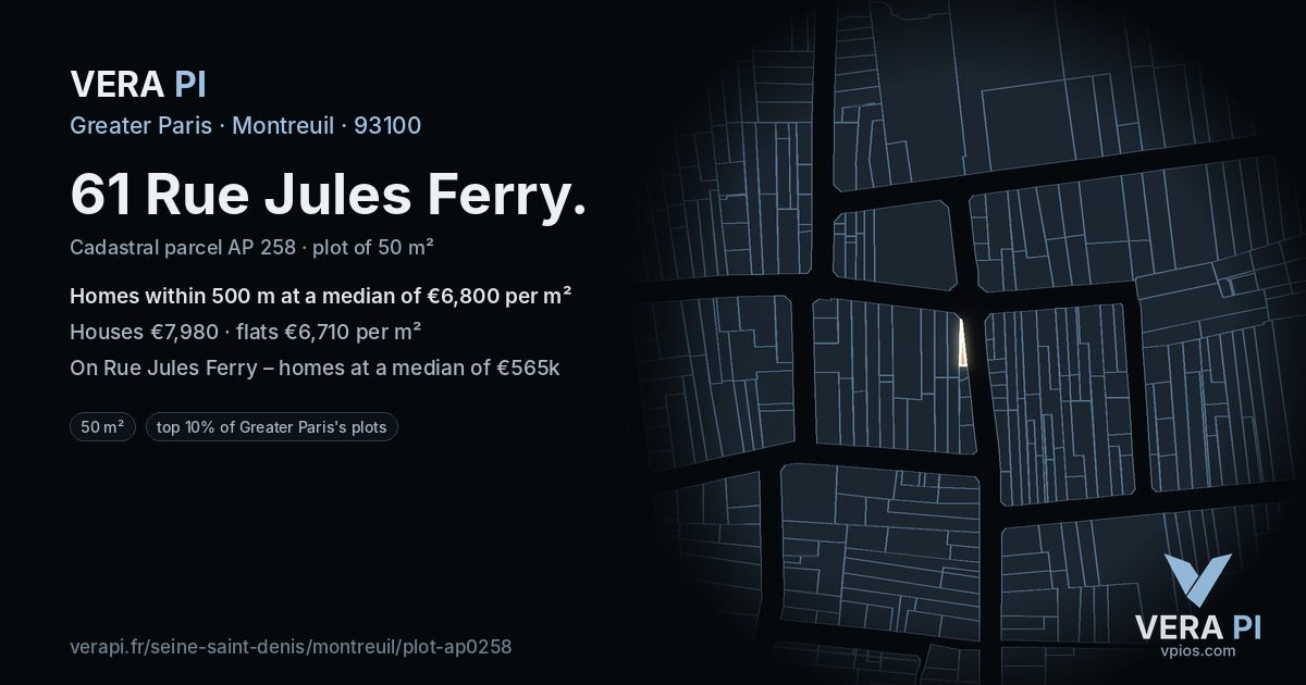 61 Rue Jules Ferry, Montreuil at night – the plot lit, the parcels around coloured by the prices near them
