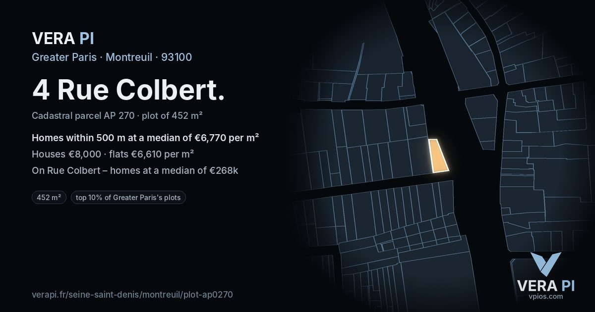 4 Rue Colbert, Montreuil at night – the plot lit, the parcels around coloured by the prices near them