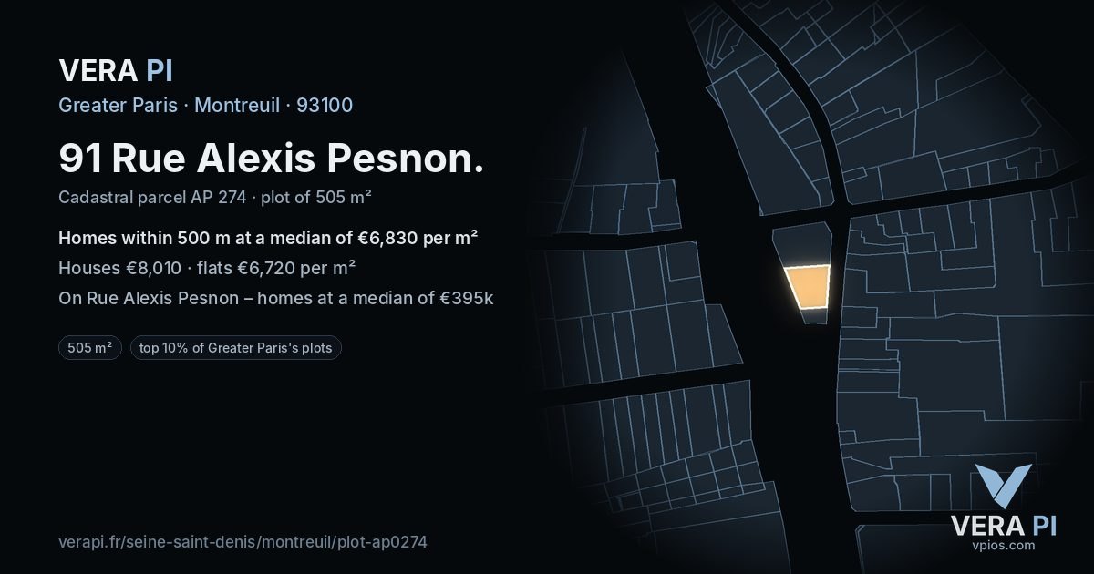 91 Rue Alexis Pesnon, Montreuil at night – the plot lit, the parcels around coloured by the prices near them