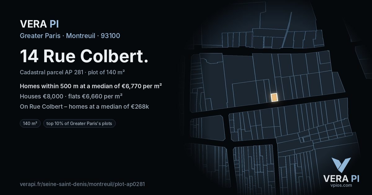 14 Rue Colbert, Montreuil at night – the plot lit, the parcels around coloured by the prices near them