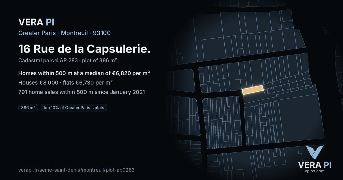 16 Rue de la Capsulerie, Montreuil at night – the plot lit, the parcels around coloured by the prices near them
