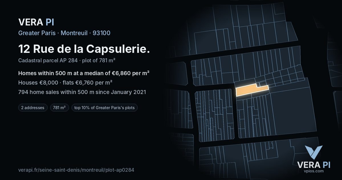 12 Rue de la Capsulerie, Montreuil at night – the plot lit, the parcels around coloured by the prices near them