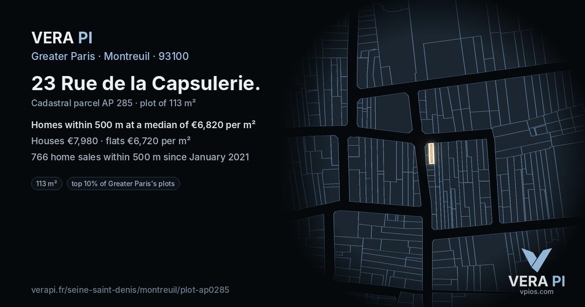 23 Rue de la Capsulerie, Montreuil at night – the plot lit, the parcels around coloured by the prices near them
