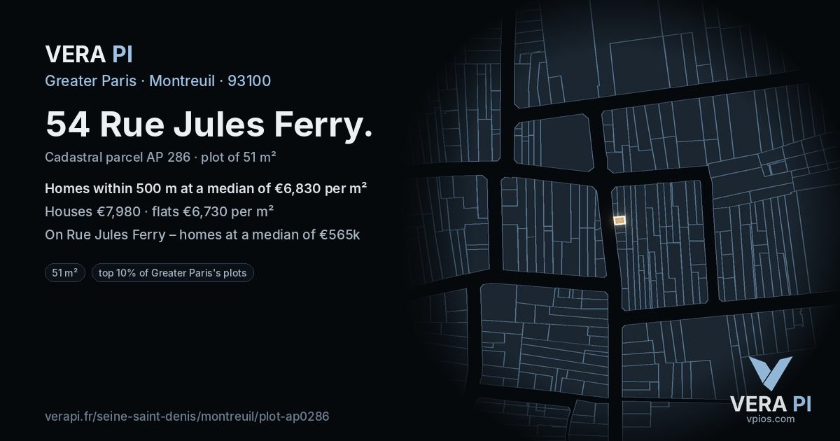 54 Rue Jules Ferry, Montreuil at night – the plot lit, the parcels around coloured by the prices near them