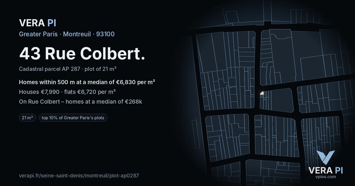 43 Rue Colbert, Montreuil at night – the plot lit, the parcels around coloured by the prices near them