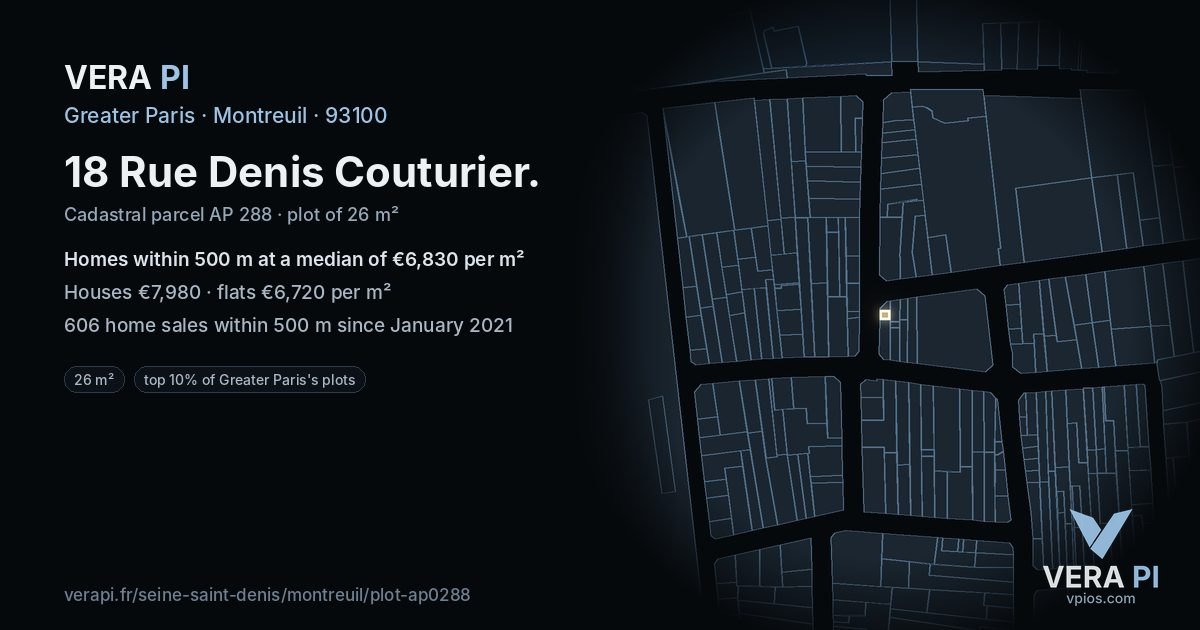 18 Rue Denis Couturier, Montreuil at night – the plot lit, the parcels around coloured by the prices near them