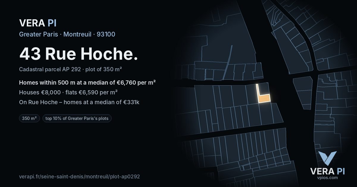 43 Rue Hoche, Montreuil at night – the plot lit, the parcels around coloured by the prices near them