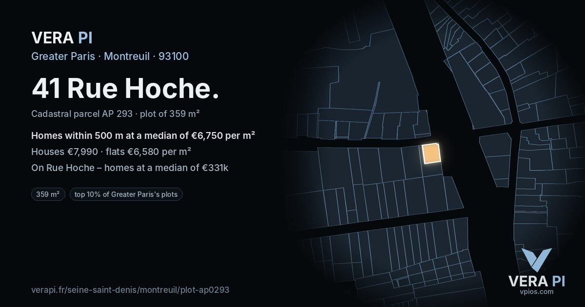 41 Rue Hoche, Montreuil at night – the plot lit, the parcels around coloured by the prices near them