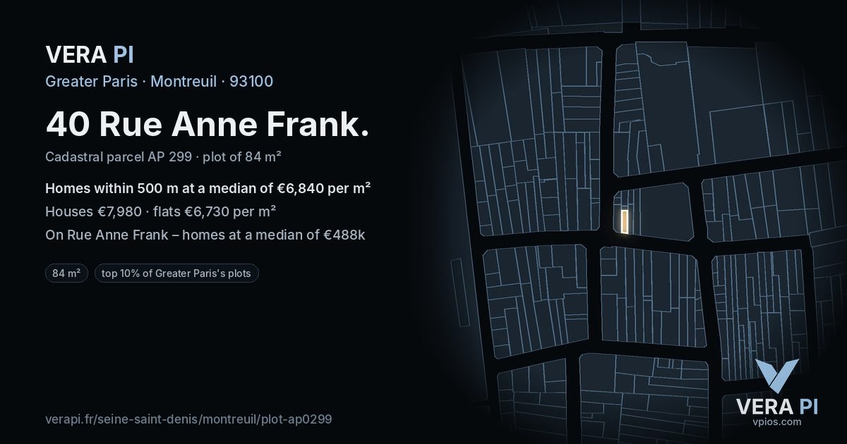 40 Rue Anne Frank, Montreuil at night – the plot lit, the parcels around coloured by the prices near them