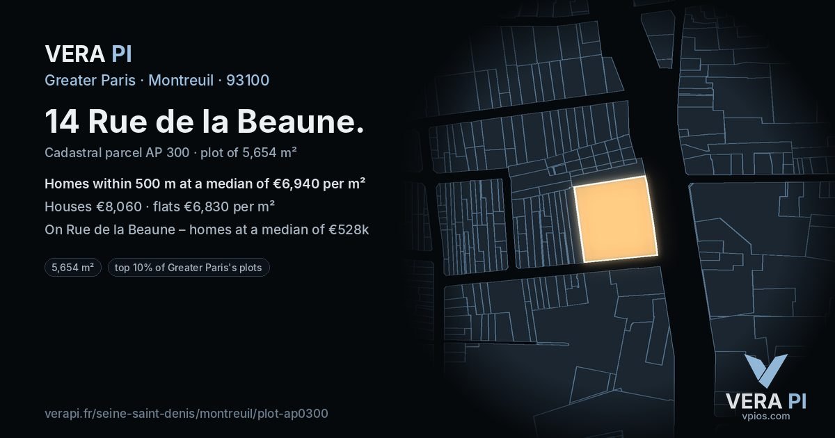 14 Rue de la Beaune, Montreuil at night – the plot lit, the parcels around coloured by the prices near them