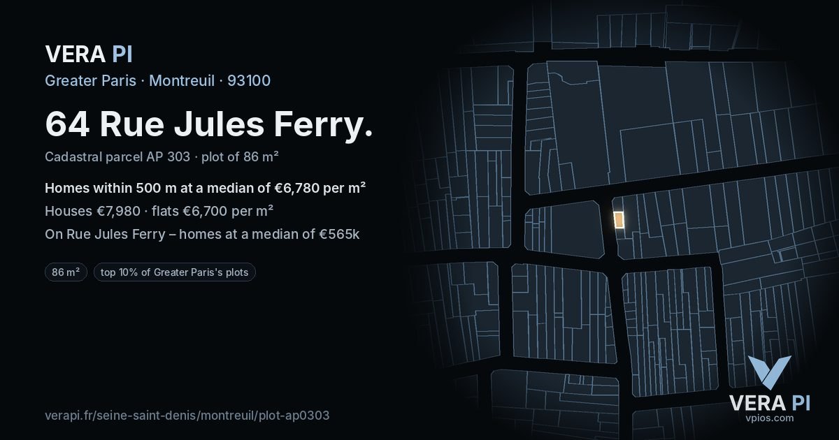 64 Rue Jules Ferry, Montreuil at night – the plot lit, the parcels around coloured by the prices near them