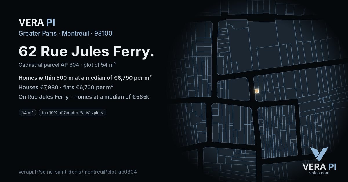 62 Rue Jules Ferry, Montreuil at night – the plot lit, the parcels around coloured by the prices near them