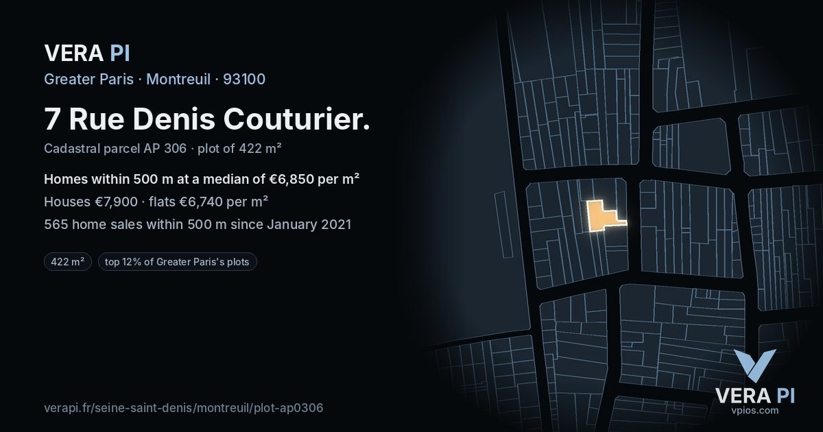 7 Rue Denis Couturier, Montreuil at night – the plot lit, the parcels around coloured by the prices near them