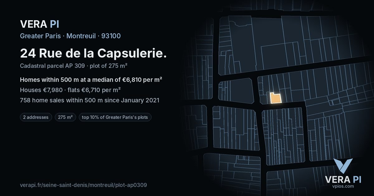 24 Rue de la Capsulerie, Montreuil at night – the plot lit, the parcels around coloured by the prices near them