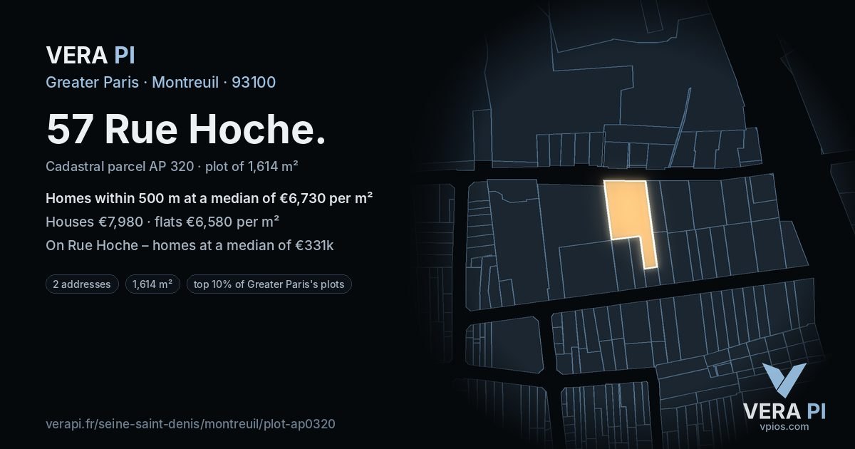 57 Rue Hoche, Montreuil at night – the plot lit, the parcels around coloured by the prices near them