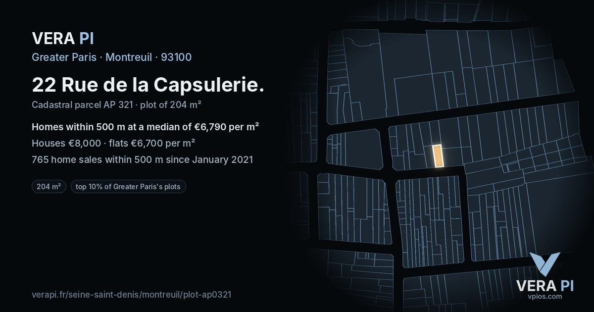 22 Rue de la Capsulerie, Montreuil at night – the plot lit, the parcels around coloured by the prices near them
